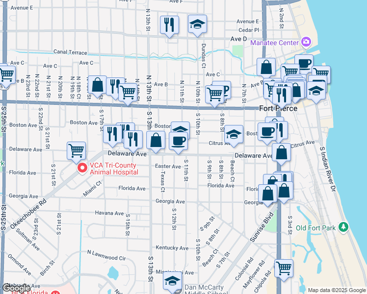 map of restaurants, bars, coffee shops, grocery stores, and more near 1100 Delaware Avenue in Fort Pierce