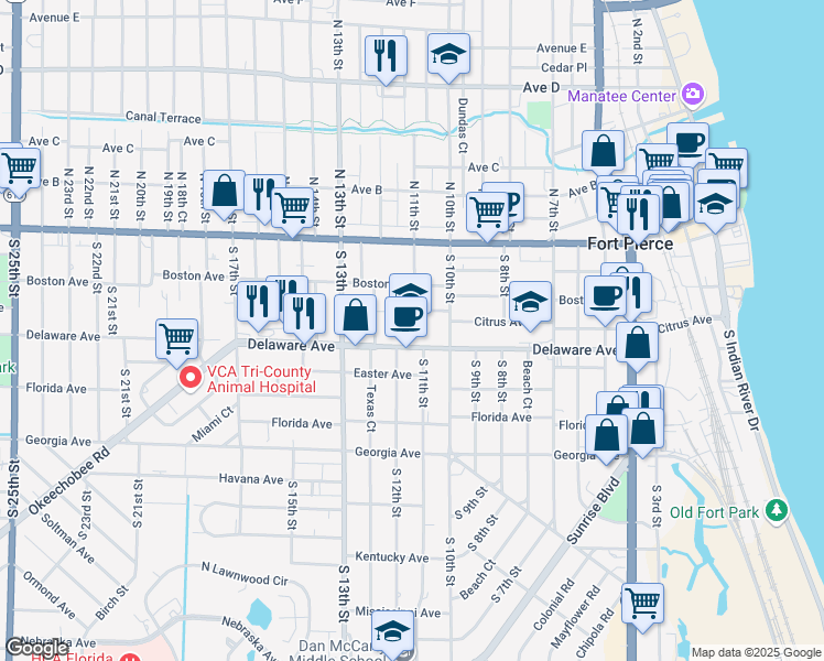 map of restaurants, bars, coffee shops, grocery stores, and more near 1100 Delaware Avenue in Fort Pierce