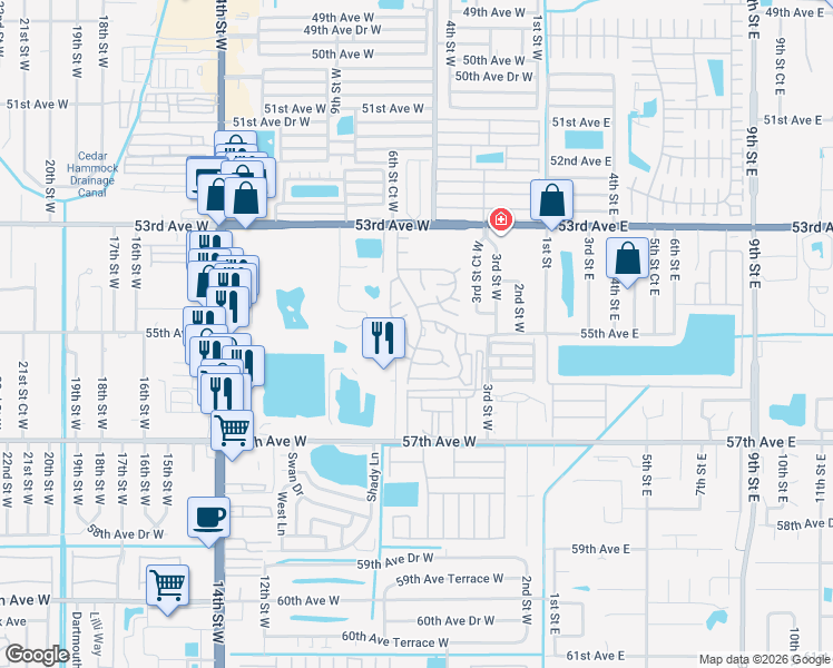 map of restaurants, bars, coffee shops, grocery stores, and more near 5506 Chateau Lane West in Bradenton