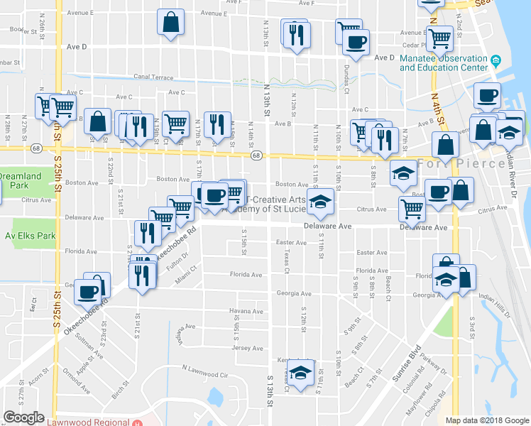 map of restaurants, bars, coffee shops, grocery stores, and more near 423 South 13th Street in Fort Pierce