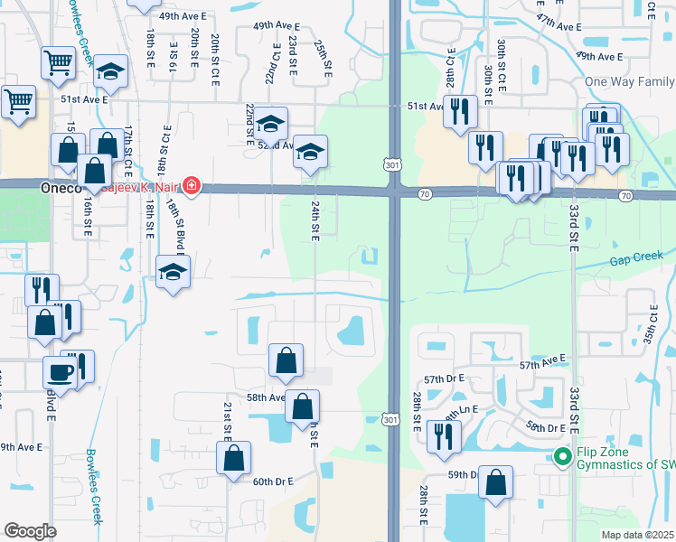map of restaurants, bars, coffee shops, grocery stores, and more near 2419 55th Avenue East in Bradenton