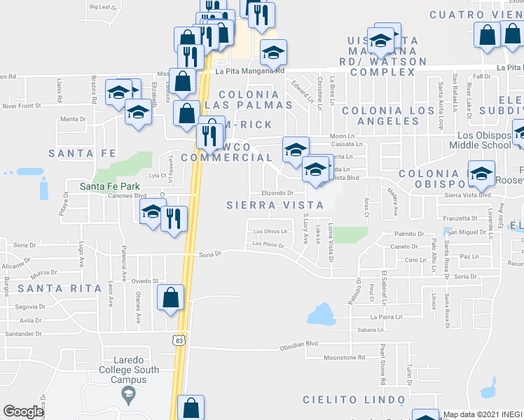 map of restaurants, bars, coffee shops, grocery stores, and more near 111 Cobble Court in Laredo