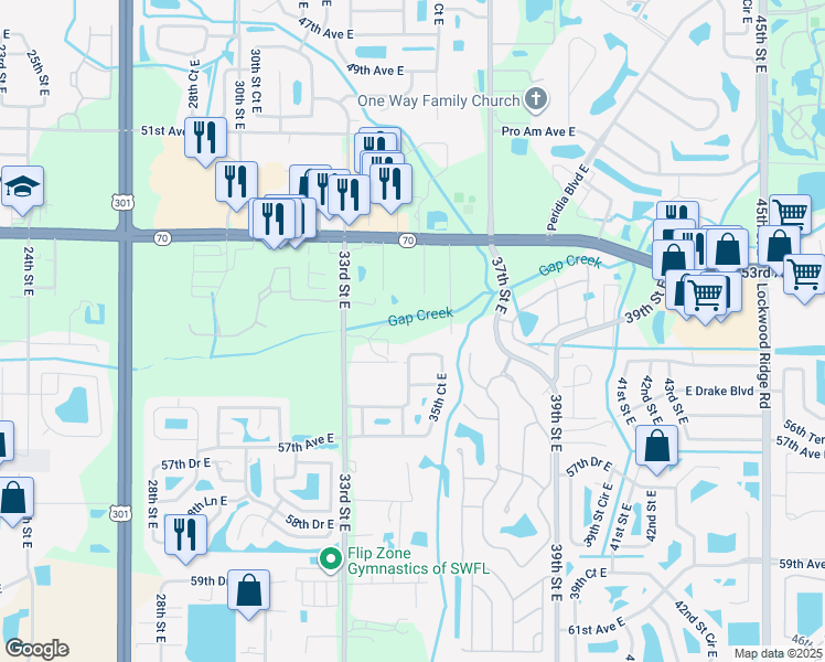 map of restaurants, bars, coffee shops, grocery stores, and more near 5424 35th Street East in Bradenton