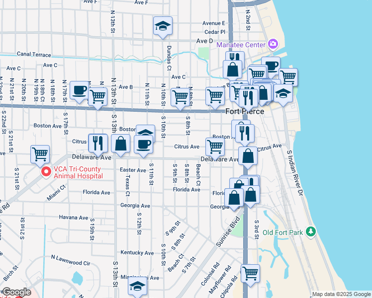 map of restaurants, bars, coffee shops, grocery stores, and more near 801 Citrus Avenue in Fort Pierce