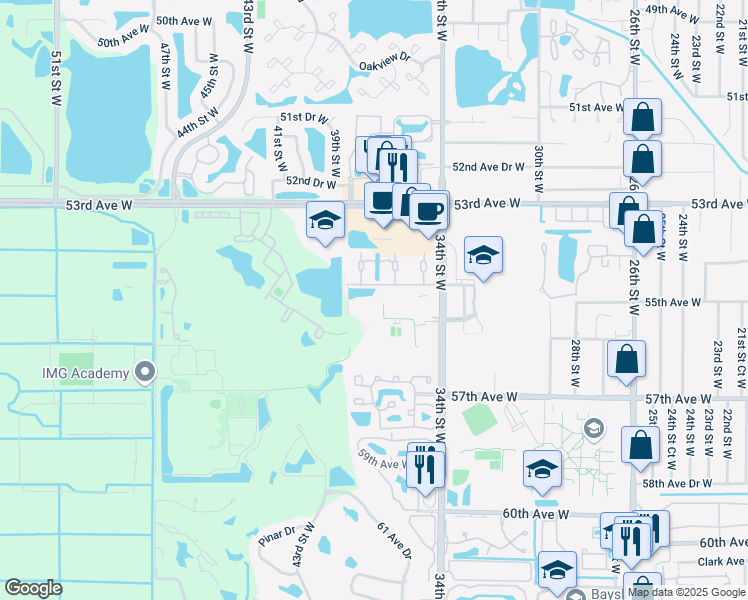map of restaurants, bars, coffee shops, grocery stores, and more near 3701 54th Drive West in Bradenton