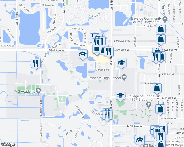 map of restaurants, bars, coffee shops, grocery stores, and more near 3701 54th Drive West in Bradenton