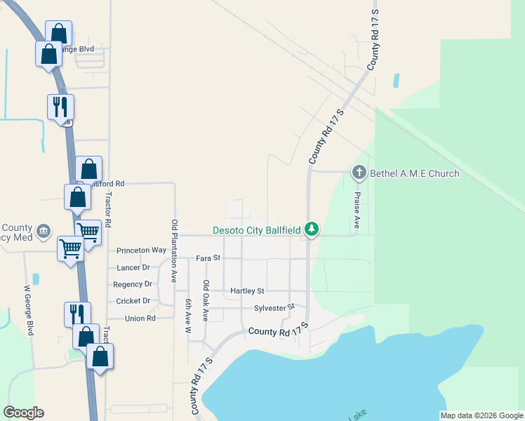 map of restaurants, bars, coffee shops, grocery stores, and more near 6113 Oak Crest Street in Sebring