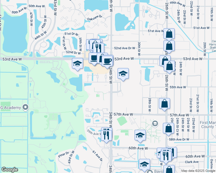 map of restaurants, bars, coffee shops, grocery stores, and more near 3401 54th Drive West in Bradenton