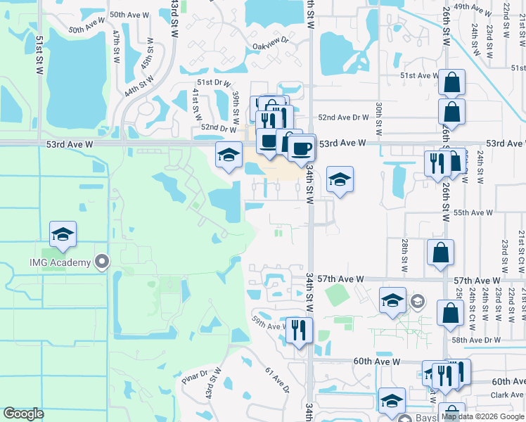 map of restaurants, bars, coffee shops, grocery stores, and more near 3701 54th Drive West in Bradenton