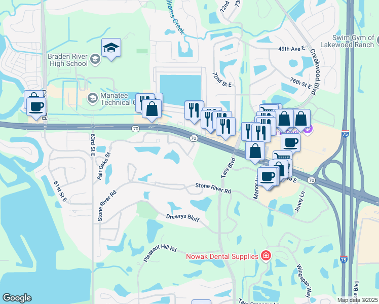 map of restaurants, bars, coffee shops, grocery stores, and more near 5435 Stoneybrook Lane in Bradenton
