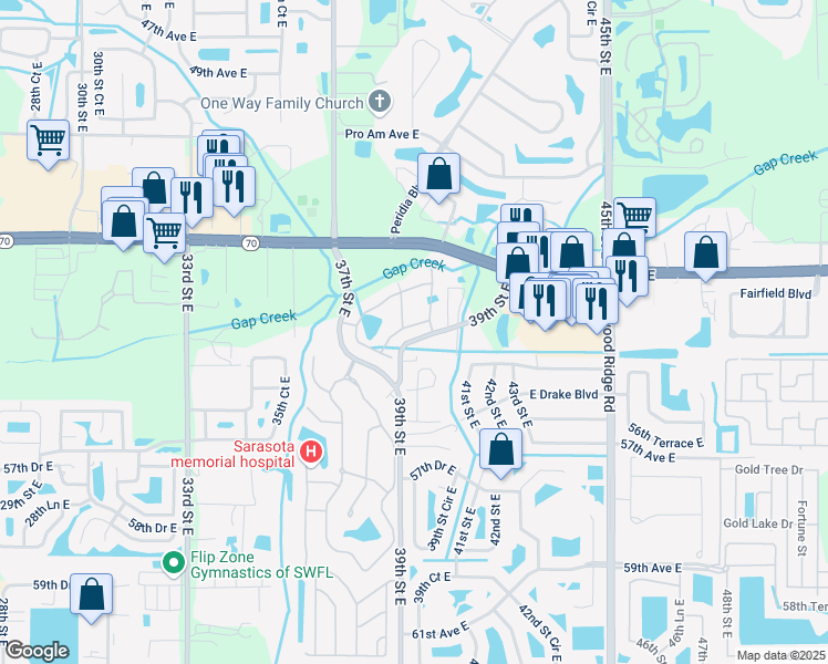 map of restaurants, bars, coffee shops, grocery stores, and more near 5516 39th Street East in Bradenton