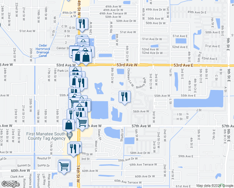 map of restaurants, bars, coffee shops, grocery stores, and more near 5528 8th Street Court West in Bradenton