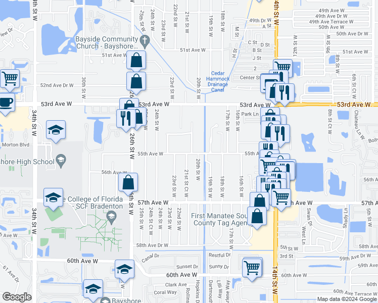 map of restaurants, bars, coffee shops, grocery stores, and more near 5432 21st Street West in Bradenton