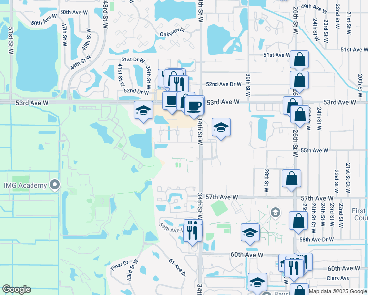 map of restaurants, bars, coffee shops, grocery stores, and more near 3510 54th Drive West in Bradenton