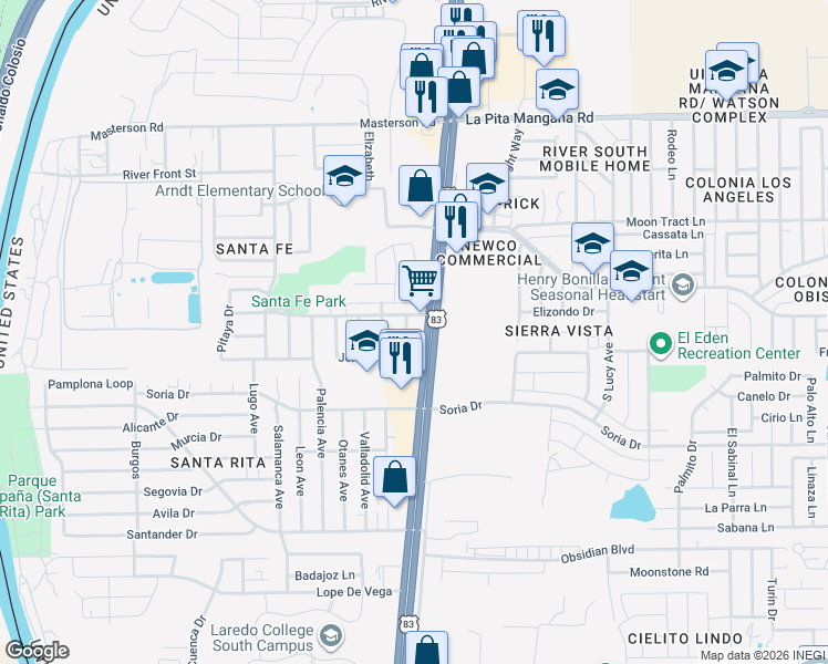 map of restaurants, bars, coffee shops, grocery stores, and more near in Laredo