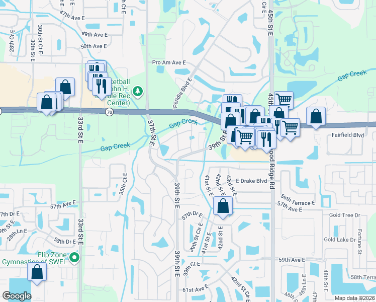 map of restaurants, bars, coffee shops, grocery stores, and more near 5427 39th Street East in Bradenton