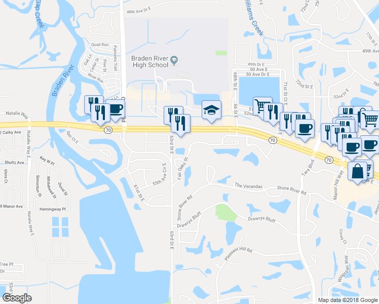 map of restaurants, bars, coffee shops, grocery stores, and more near 6536 Fairway Gardens Drive in Bradenton