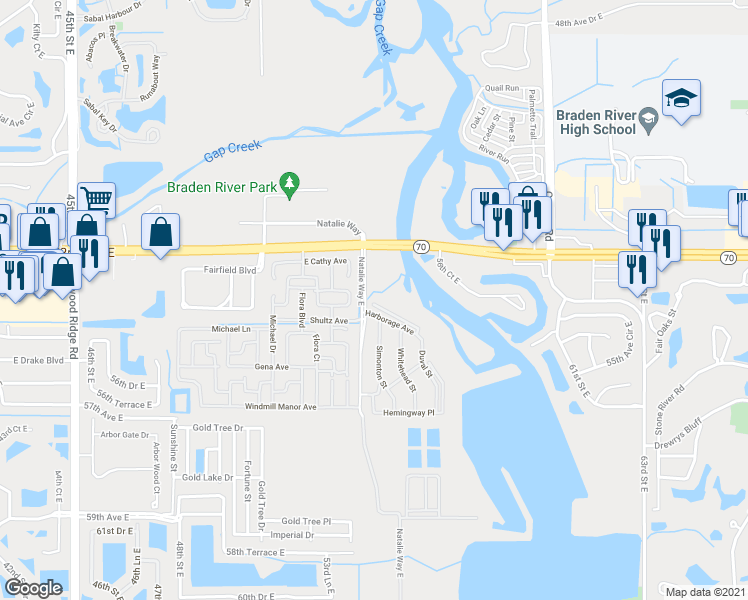 map of restaurants, bars, coffee shops, grocery stores, and more near 5521 Key West Place in Bradenton