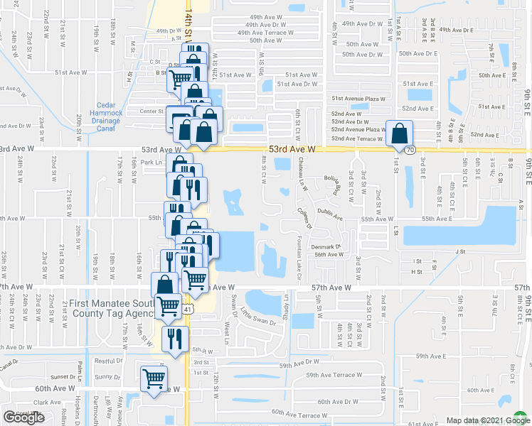 map of restaurants, bars, coffee shops, grocery stores, and more near 5536 8th Street Court West in Bradenton