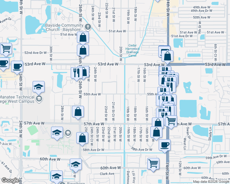 map of restaurants, bars, coffee shops, grocery stores, and more near 2004 55th Avenue West in Bradenton