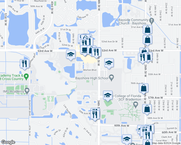 map of restaurants, bars, coffee shops, grocery stores, and more near 3510 54th Drive West in Bradenton