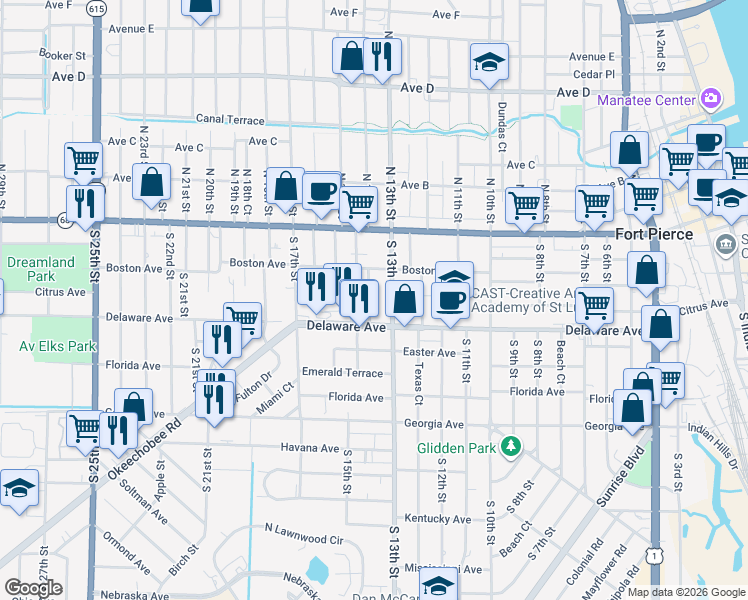 map of restaurants, bars, coffee shops, grocery stores, and more near 409 South 14th Street in Fort Pierce