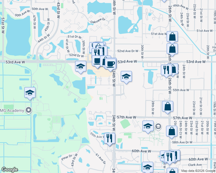 map of restaurants, bars, coffee shops, grocery stores, and more near 3510 54th Drive West in Bradenton