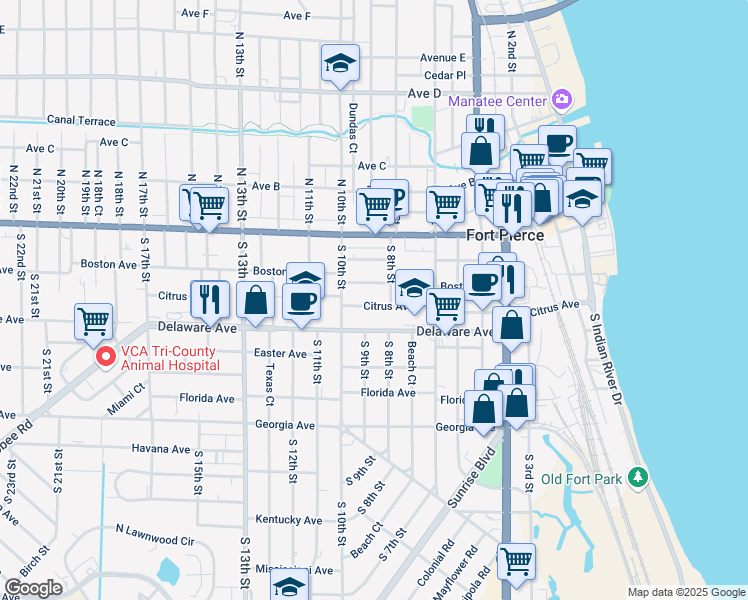 map of restaurants, bars, coffee shops, grocery stores, and more near 801 Citrus Avenue in Fort Pierce