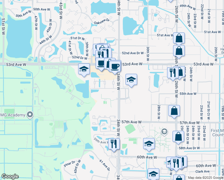map of restaurants, bars, coffee shops, grocery stores, and more near 3510 54th Drive West in Bradenton