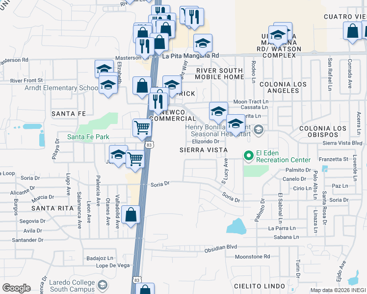 map of restaurants, bars, coffee shops, grocery stores, and more near 143 Los Fresnos Loop in Laredo
