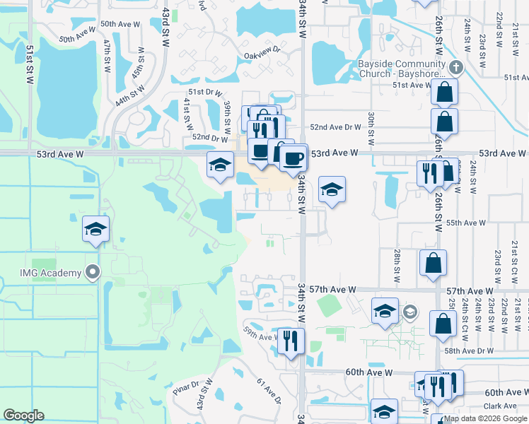 map of restaurants, bars, coffee shops, grocery stores, and more near 3510 54th Drive West in Bradenton