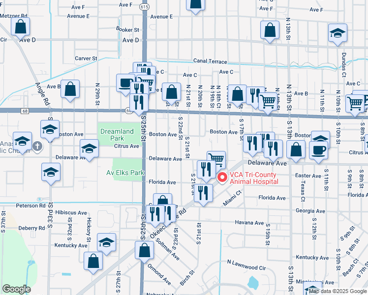 map of restaurants, bars, coffee shops, grocery stores, and more near 2020 Delaware Avenue in Fort Pierce