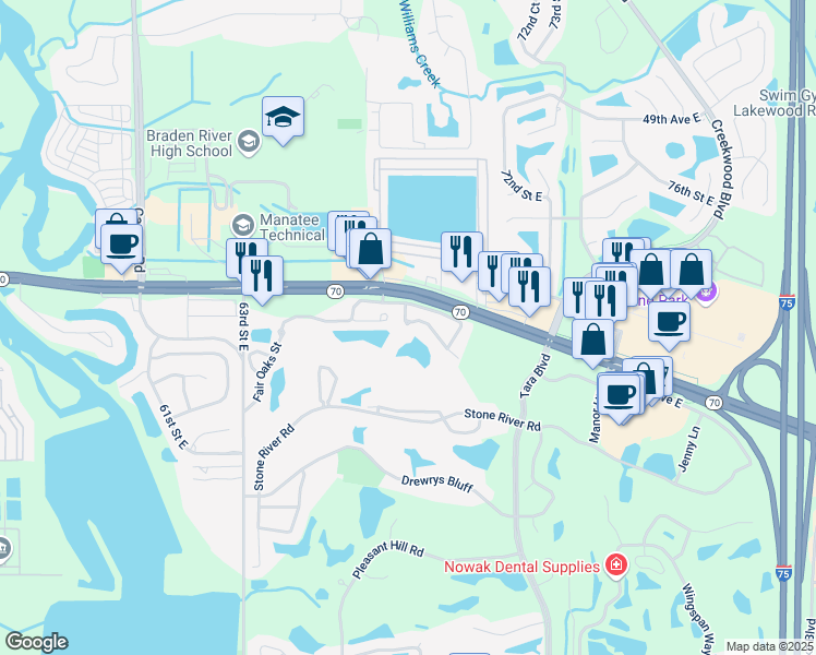 map of restaurants, bars, coffee shops, grocery stores, and more near 6748 Fairview Terrace in Bradenton