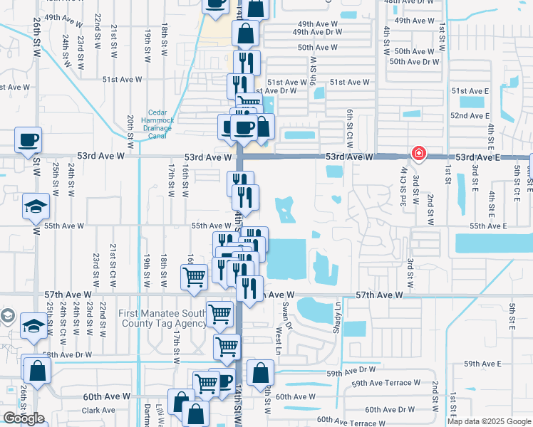 map of restaurants, bars, coffee shops, grocery stores, and more near 1200 54th Avenue West in Bradenton