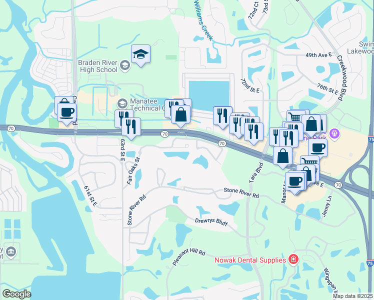 map of restaurants, bars, coffee shops, grocery stores, and more near 6640 Pineview Terrace in Bradenton