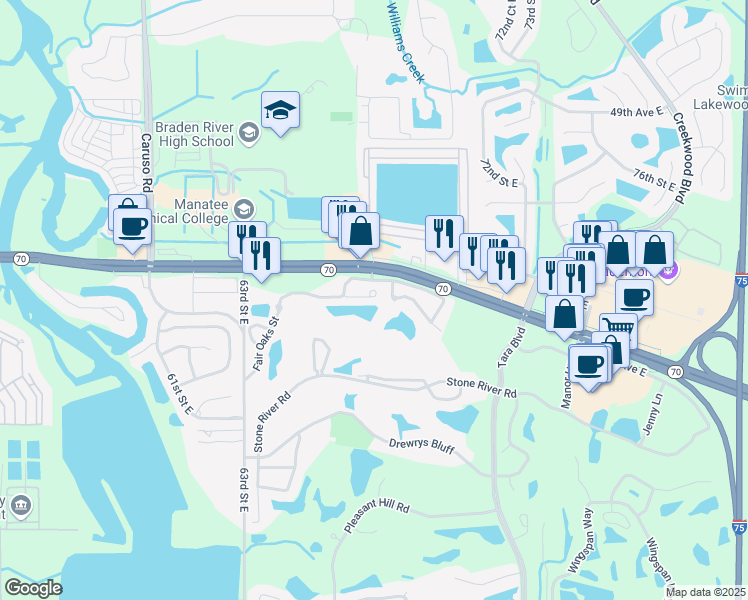 map of restaurants, bars, coffee shops, grocery stores, and more near 6644 Pineview Terrace in Bradenton