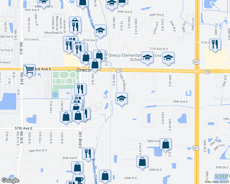 map of restaurants, bars, coffee shops, grocery stores, and more near 5419 18th Street East in Bradenton
