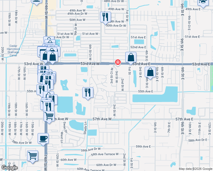 map of restaurants, bars, coffee shops, grocery stores, and more near 5408 3rd Street Court West in Bradenton