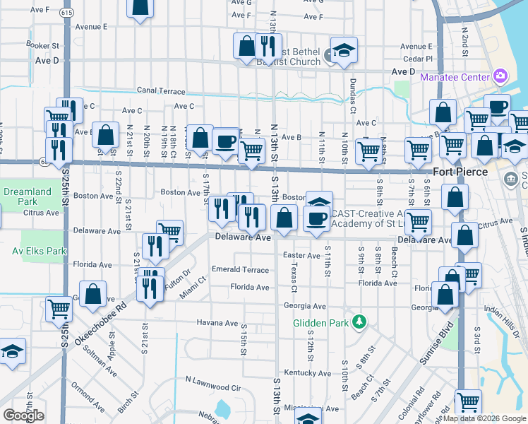map of restaurants, bars, coffee shops, grocery stores, and more near 301 South 14th Street in Fort Pierce