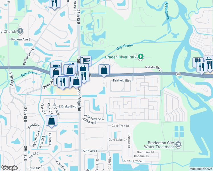 map of restaurants, bars, coffee shops, grocery stores, and more near 4724 53rd Avenue East in Bradenton