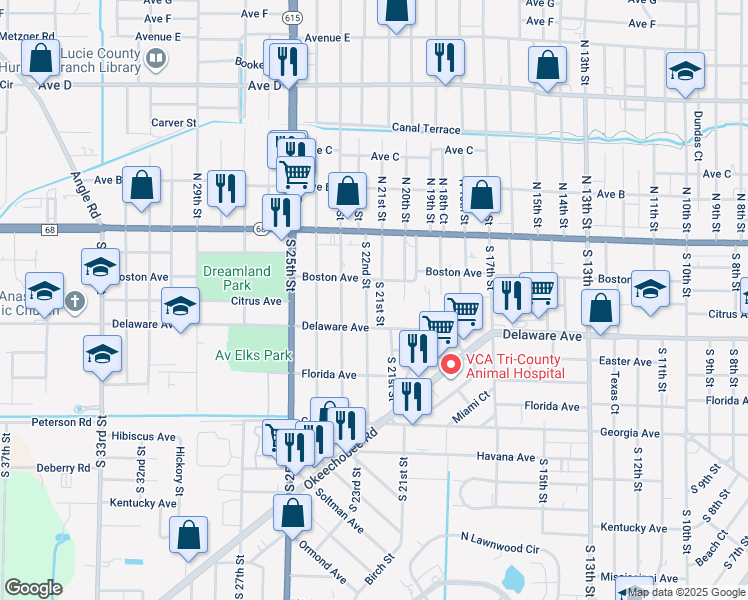 map of restaurants, bars, coffee shops, grocery stores, and more near 307 South 21st Street in Fort Pierce