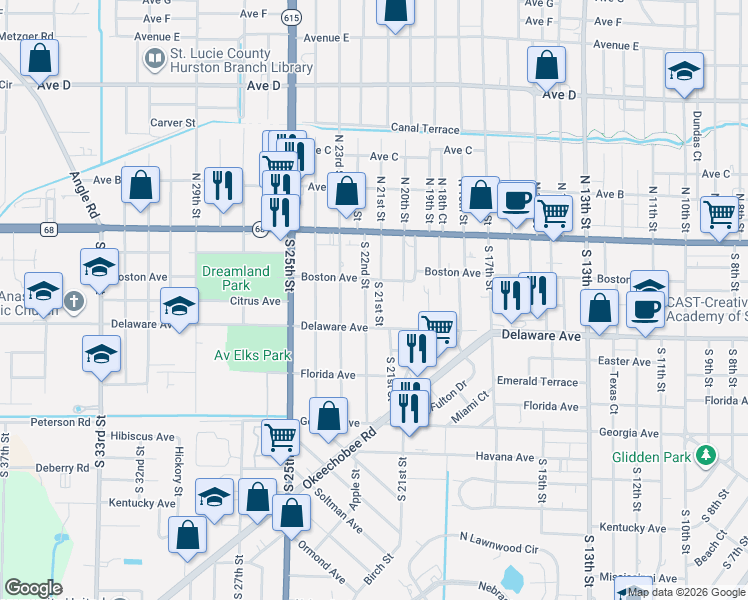 map of restaurants, bars, coffee shops, grocery stores, and more near 307 South 21st Street in Fort Pierce
