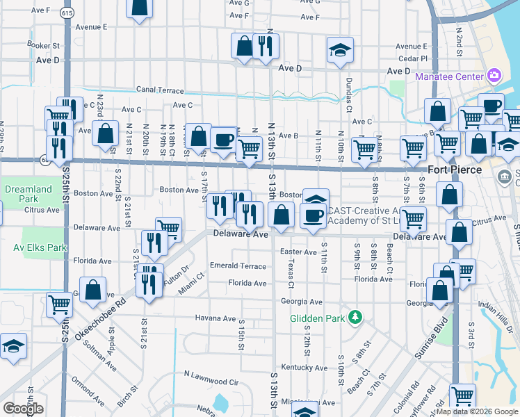map of restaurants, bars, coffee shops, grocery stores, and more near 301 South 14th Street in Fort Pierce