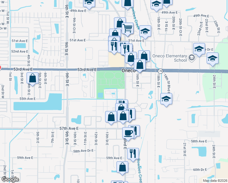 map of restaurants, bars, coffee shops, grocery stores, and more near 1328 54th Avenue East in Bradenton