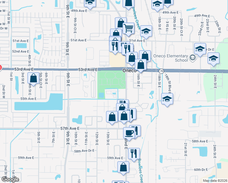 map of restaurants, bars, coffee shops, grocery stores, and more near 1324 54th Avenue East in Bradenton