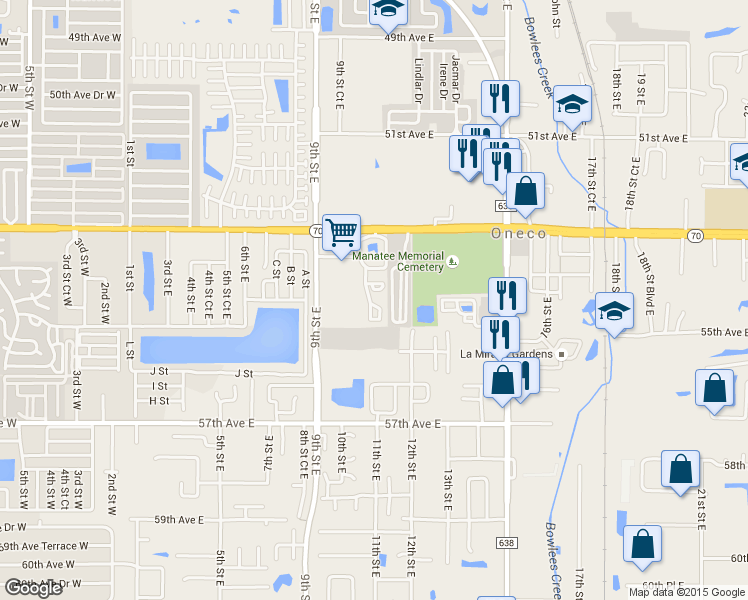 map of restaurants, bars, coffee shops, grocery stores, and more near 5405 11th Street Circle East in Bradenton
