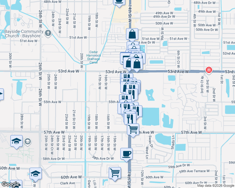 map of restaurants, bars, coffee shops, grocery stores, and more near 5410 14th Street West in Bradenton