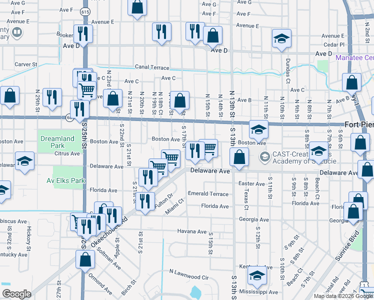 map of restaurants, bars, coffee shops, grocery stores, and more near 314 South 17th Street in Fort Pierce