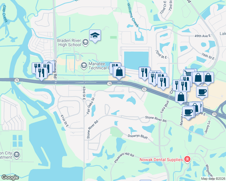 map of restaurants, bars, coffee shops, grocery stores, and more near 6639 Pineview Terrace in Bradenton