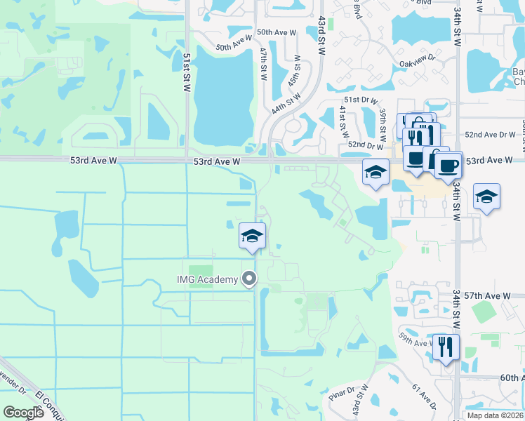 map of restaurants, bars, coffee shops, grocery stores, and more near 5409 46th Court West in Bradenton